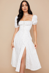 Robe mi-longue bohème à manches bouffantes et à fleurs